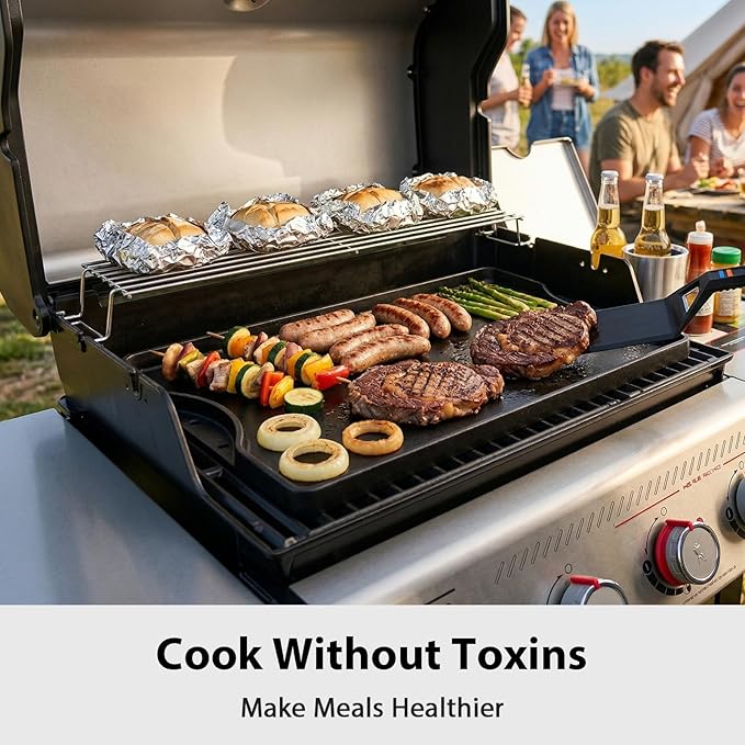 Utheer Griddle Kit, 19.5" x 10.5" Reversible Cast Iron Flat Top Griddle with 5-Piece Scratch-Free Silicone Tools, Ceramic Nonstick Grill Griddle for Stove Top, Gas Grill, BBQ and Camping