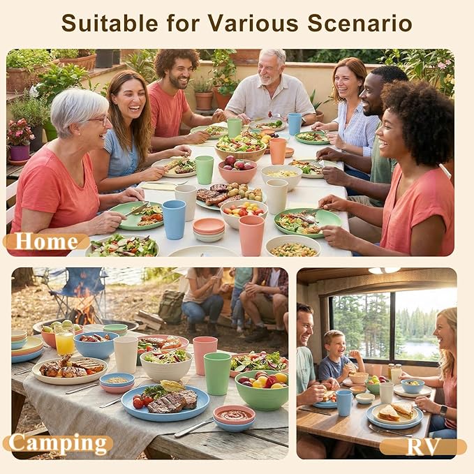 Plates and Bowls Sets 40 Piece, Wheat Straw Dinnerware Sets for 8, Dishes Set for 8, Unbreakable Cups and Plates Sets for Kitchen, Microwave Safe Plates, RV and Camper Essentials - Colorful