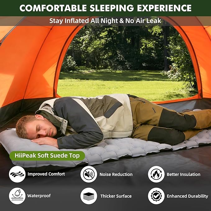 HiiPeak Camping Sleeping Pad, Suede Top Camping Mat with Pillow, Built-in Foot Pump Inflatable Sleeping Pads Compact for Camping Backpacking Hiking Traveling Tent