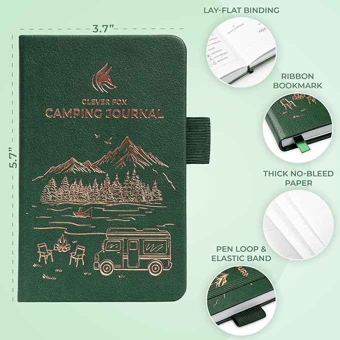 Clever Fox Camping Journal Pocket – Camping Log Book & Outdoor Adventure Journal – RV Travel Log Book – Gifts, Accessories & RV Essentials for Travel Trailers, 14 Trips, 3.7x5.7” (Forest Green)