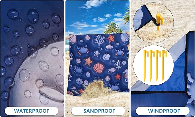 WIWIGO Beach Blanket Waterproof Sandproof Beach Mat 79" X 83"/10'x9'for 2-8 Adults Quick Drying Outdoor Picnic Mat Beach Accessories for Travel, Camping, Hiking