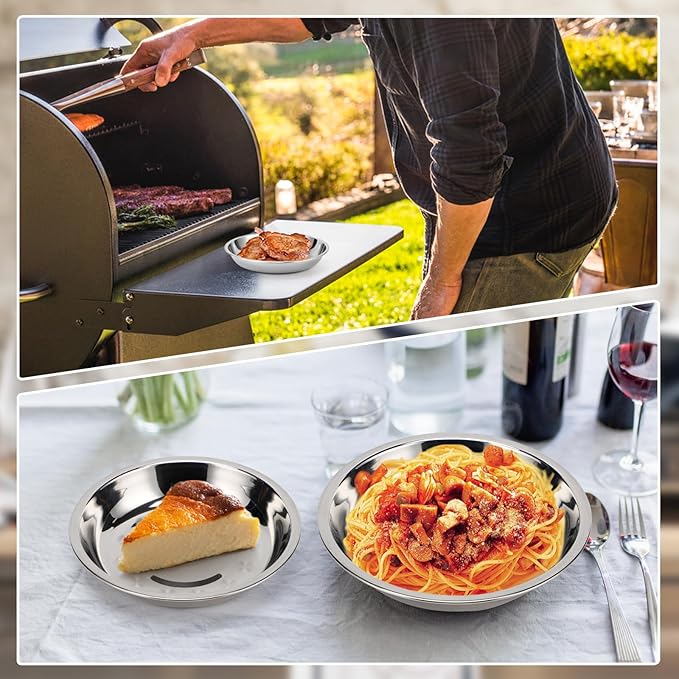 4 Patterned Deep Stainless Steel Plates, 7.8 inch 304(18/8) Metal Camping Plate, Reusable Food Serving Snack Eating Dishes Round Shatterproof Silver BBQ Dinner Dinnerware Oven Dishwasher Safe
