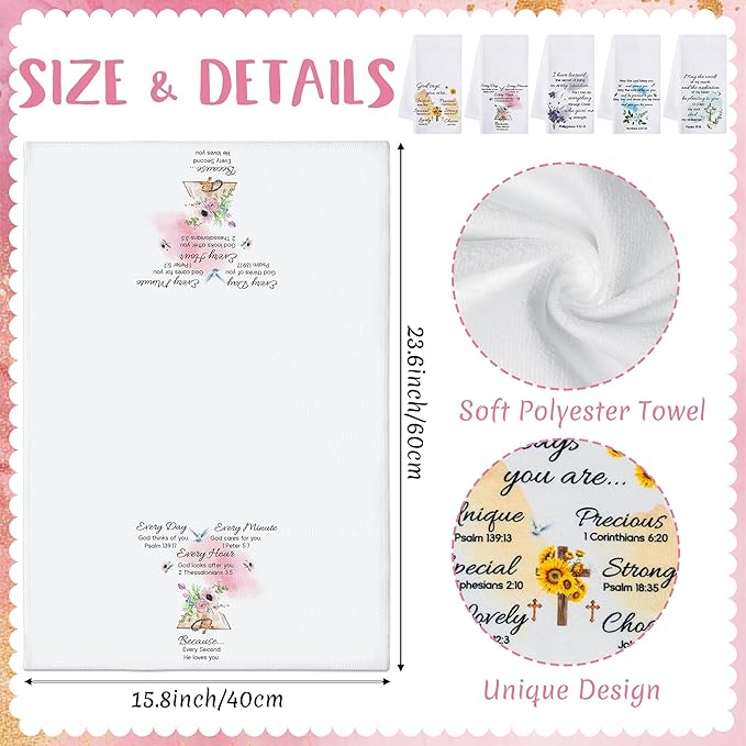 R HORSE Religious Christian Kitchen Dish Towel - 5Pcs Inspiration Flower Sayings Cleaning Dishcloth Bible Verse Absorbent Bar Quick Dry Hand Towel Tea Towels Xmas Gift for Women Men Housewarming Decor