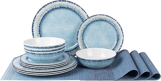 AELS Melamine Dinnerware Set of 12 Pcs Dinner Dishes Set with 4 Placemats for Indoor and Outdoor Use, Dishwasher Safe, Lightweight Unbreakable, BPA Free, Light Blue