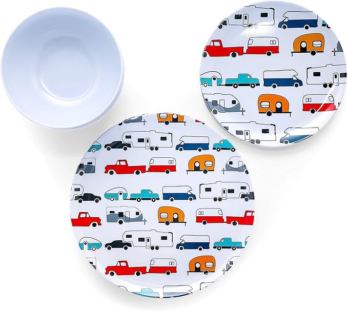 Camco Life is Better at The Campsite Dishware Set | Features a Virtually Unbreakable Melamine Construction, is Top Rack Dishwasher Safe, and has a Multicolored RV-Themed Design | 12-Piece (53297)