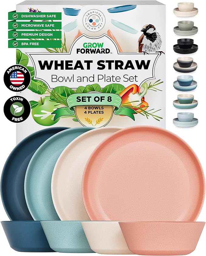 Grow Forward Premium Wheat Straw Plates and Bowls Sets - 8-Piece Wheat Straw Dinnerware Sets - Unbreakable & Reusable Microwave Safe Plastic Dinner Plates for Outdoors, RV, Camping Dishes - Tropical
