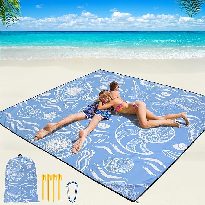 WIWIGO Beach Blanket Waterproof Sandproof Beach Mat 79" X 83"/10'x9'for 2-8 Adults Quick Drying Outdoor Picnic Mat Beach Accessories for Travel, Camping, Hiking
