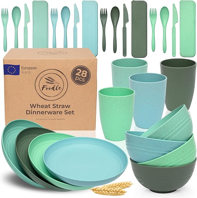 FOODLE Wheat Straw Dinnerware Set - BPA Free & Safety Tested - Microwave & Dishwasher Safe Dishes - Perfect for Camping, Picnic, RV, Dorm - Plates, Cups and Bowls - Great for Kids & Adults - For 4