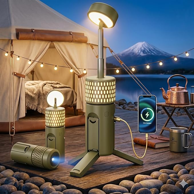 Camping Light Telescopic, Collapsible Tripod Camping Lantern, 12000mAh Rechargeable Camping Lamp with Stand, Dimmable & Portable IPX54 Waterproof Flashlight for Emergency (Military Green)