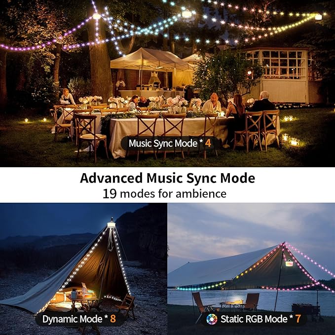 TOHETO Camping String Lights, 3 in 1 Upgraded Retractable RGB Outdoor String Lights with 19 Lighting Modes, Quick 30s Recovery, 32.8 FT Portable Tent Lights, Rechargeable Camping Lantern (White)