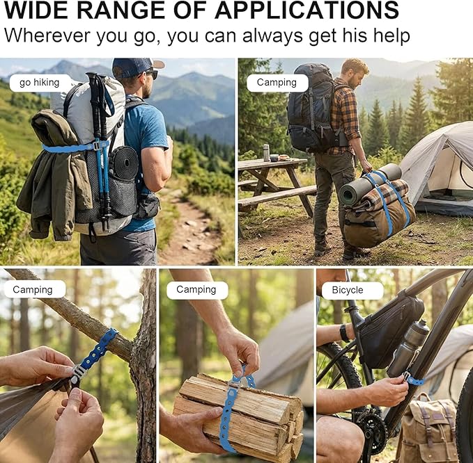 Modular Straps, Safety Strap Set to Secure Splits, 70 pound load, 8" and 16" lengths, Flexible Multi-Tool, Wearable Gadget for Outdoor Adventure, Survival, Camping, Travel (4-Pack) (Blue)