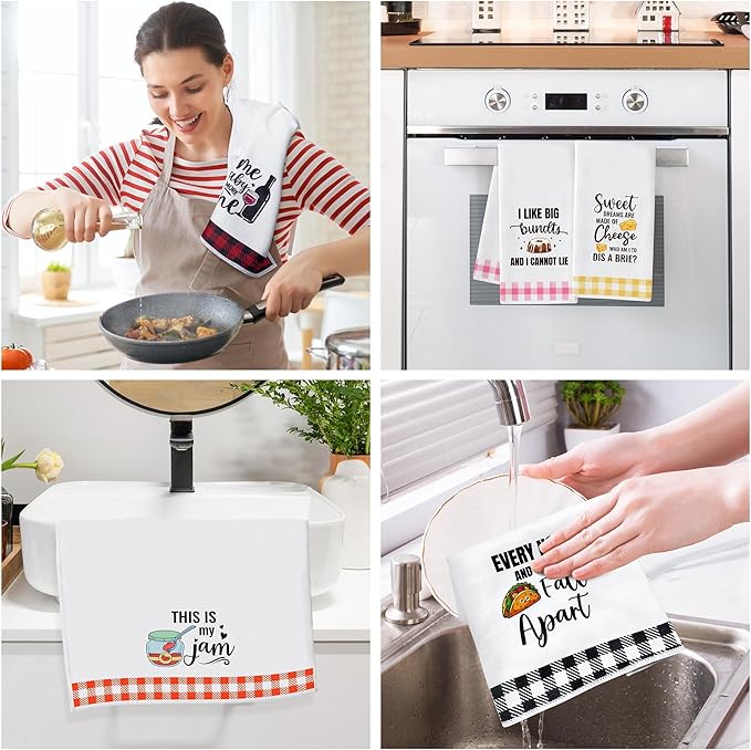 R HORSE Funny Kitchen Dish Towel - 5Pcs Cute Food Theme Kitchen Dishcloth Check Absorbent Drying Cleaning Dishcloth Bar Hilarious Hand Towel Gift for Baking Lover Housewarming Mom Women