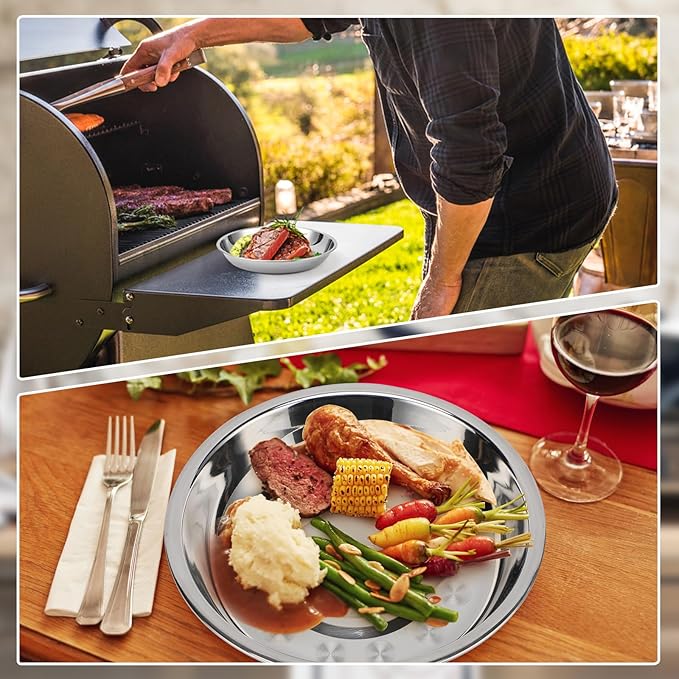 Patterned Deep Metal Camping Plates, 8 Pack 9.4 inch 304(18/8) Stainless Steel Plates, Reusable Pizza Food Serving Snack Eating Salad Dishes Round Shatterproof Silver Dinnerware Dinner Oven