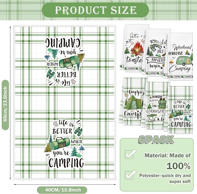 Redbaker 6 Pcs Camping Kitchen Towels Bonfire Tent Car Dishcloth Outdoors Happy Camper Hand Tea Towels Decorative Set Absorbent Camping Decor with Hanging Loop for Camper Gifts RV Accessories(White)
