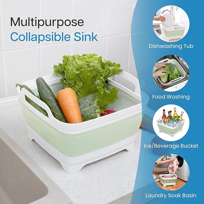 EZuraa 2.4gal(9L) Green Collapsible Dish Basin, Portable Sink or Dish Pan for Kitchen Sink with Drain Plug/Strainer, Space Saving Baby Bottle Wash Basin Collapsible Bucket, Beverage Tub for Camping