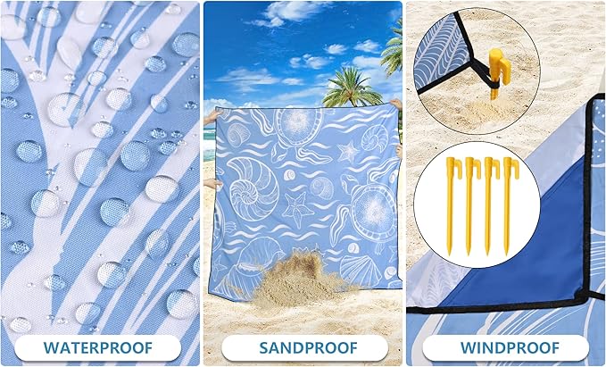 WIWIGO Beach Blanket Waterproof Sandproof Beach Mat 79" X 83"/10'x9'for 2-8 Adults Quick Drying Outdoor Picnic Mat Beach Accessories for Travel, Camping, Hiking