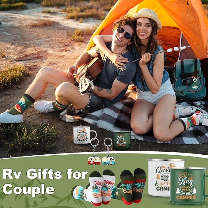 Patelai 6 Pcs Camping Gift Set RV Gifts for Couple Includes 17 oz Stainless Steel Wine Tumblers Unisex Crew Socks Keychains Outdoor Gifts for Women Men Picnics Hiking RV(Stylish)