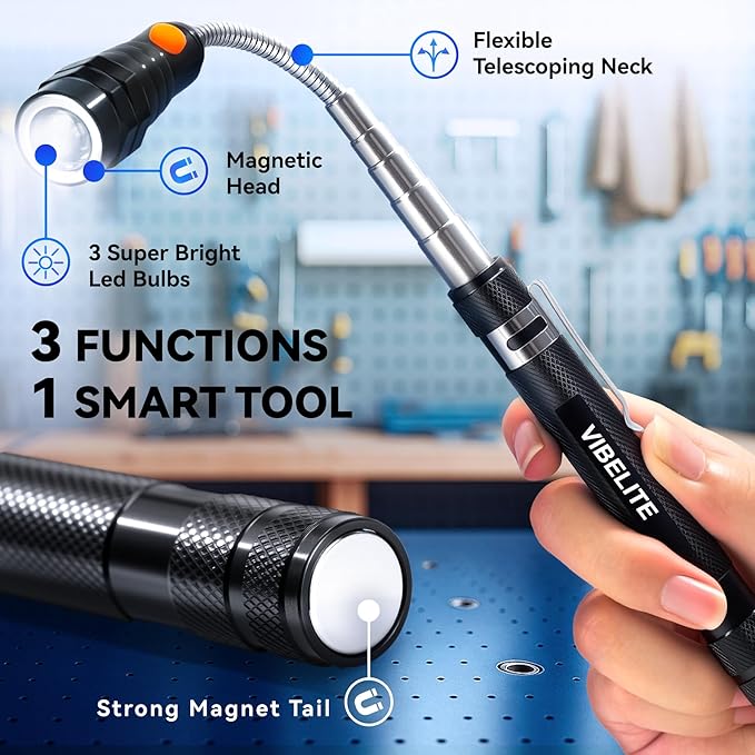 VIBELITE Extendable Magnetic Flashlight with Telescoping Magnet Pickup Tool-Cool Gadget Gifts for Men, Women, Him, Teen Boys, Husband, Dad, Father, Mechanic, Birthday Gifts for Men, Black