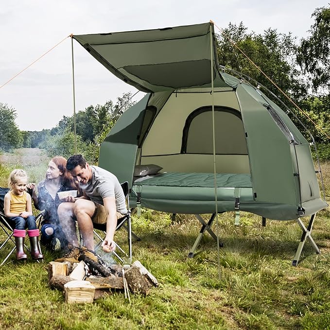 LDAILY Camping Tent Cot, 5 in 1 Off Ground Elevated Tent with Air Mattress, Sleeping Bag & Pillow, Folding Camping Cot Combo with Carrying Bag for Outdoor Hiking, RV, Picnic, Field Backyard (1 Person)