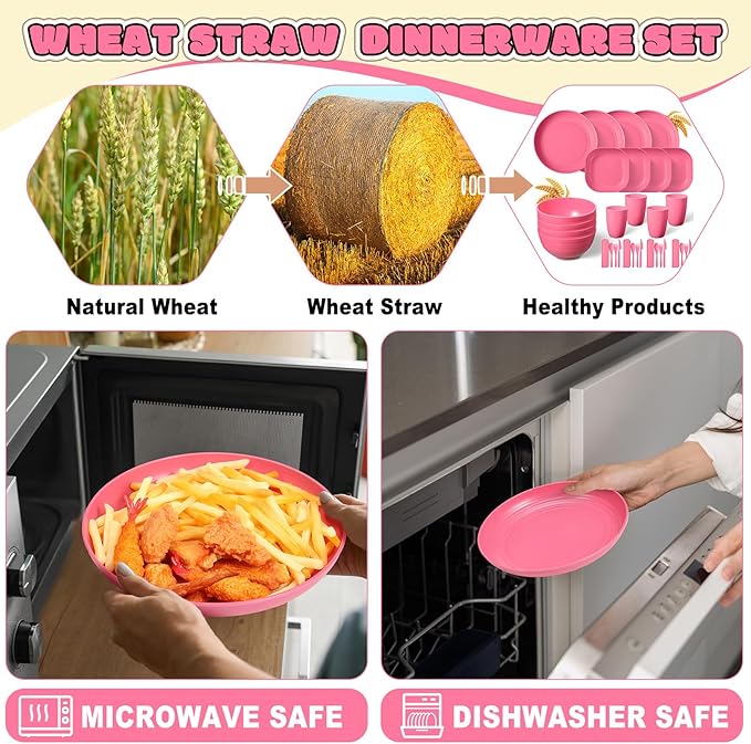 Didaey Wheat Straw Dinnerware Sets Unbreakable Plates and Bowls Microwave Safe Plastic Lightweight Knives Forks Spoons for Kitchen Outdoor Camping Party(Rose Red, 64 Pcs)