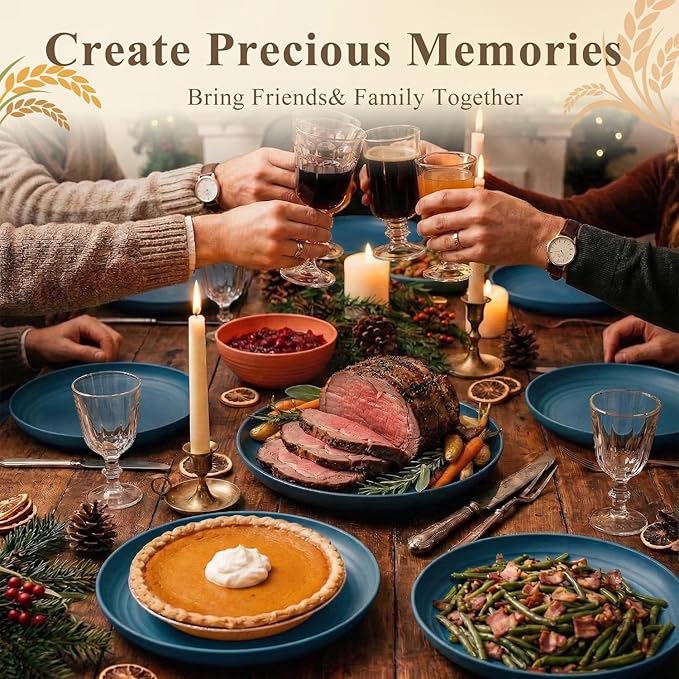 Deep Dinner Plates 11 Inch, Plastic Plates Reusable, Unbreakable Wheat Straw Plates Set of 8, Microwave and Dishwasher Safe Big Plate for Steak, Chicken, Casserole - Blue