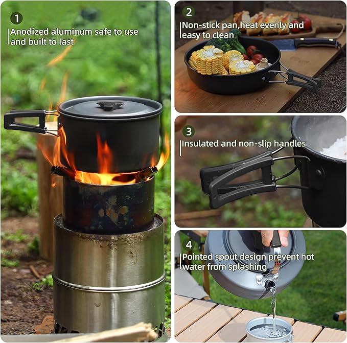 aiGear 3pcs Camping Cooking Set for 1-2 People, Lightweight Foldable Pot Pan Kettle with Storage Bag, Backpacking Cooking Set for Hiking Picnic Camping