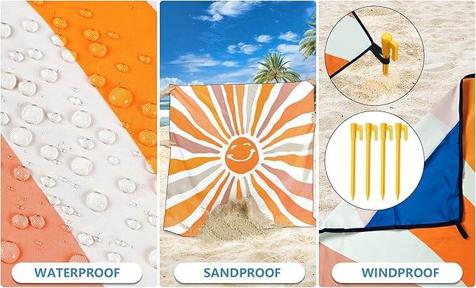 WIWIGO Beach Blanket Waterproof Sandproof Beach Mat 79" X 83"/10'x9'for 2-8 Adults Quick Drying Outdoor Picnic Mat Beach Accessories for Travel, Camping, Hiking