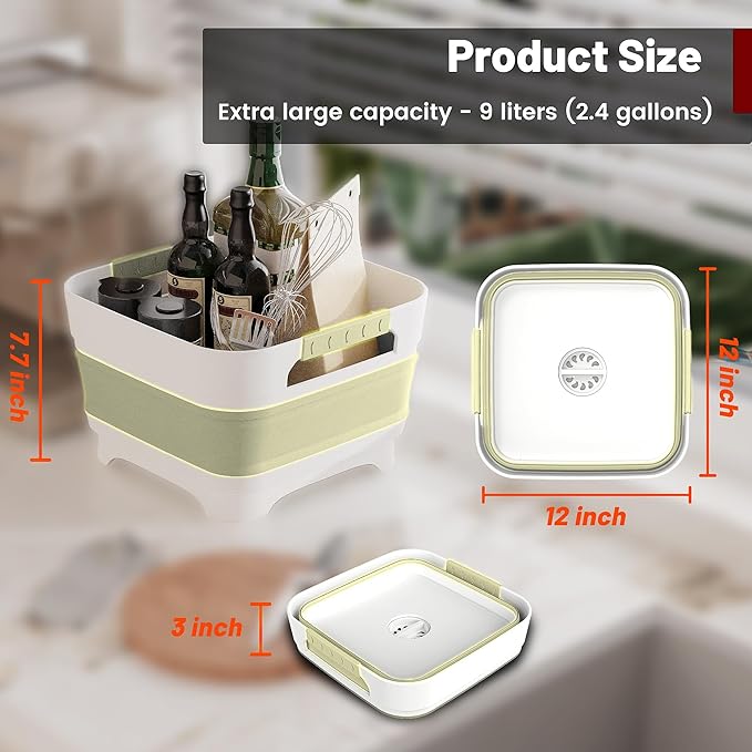 MontNorth 2.4 Gal Collapsbile Wash Basin with Drian Plug,9L Dish Pan for Soaking Baby Bottles,Portable Sink, Multiuse Foldable Bucket,Ice Beverage Tubs for Camping, Vegetable Washing, RV (Green)