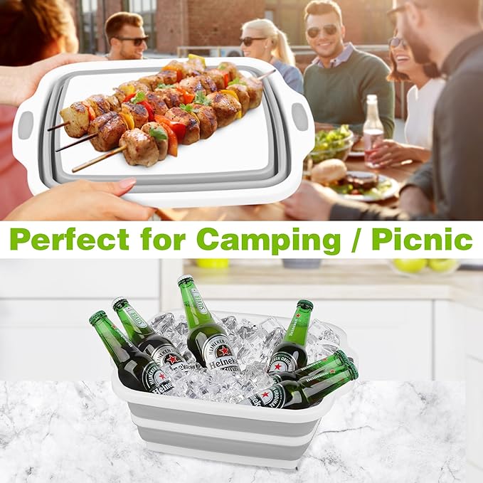 Space Saving Cutting Board, Collapsible Dish Tub with Draining Hole, Folding Chopping Board with Colander, 3 in 1 Multifunction Camping Sink for Washing Dish, Bowl, Vegetables and Fruit