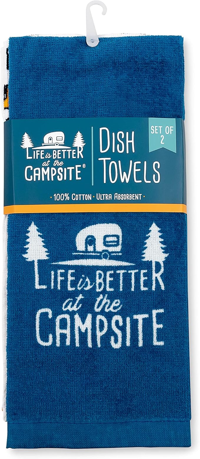 Camco Life is Better at The Campsite Camper/RV Dish Towel Set - Features a Camping/RV Themed Towel & a Navy Blue with White Logo Towel - Designed with 100% Cotton - 2-Pack (53301)
