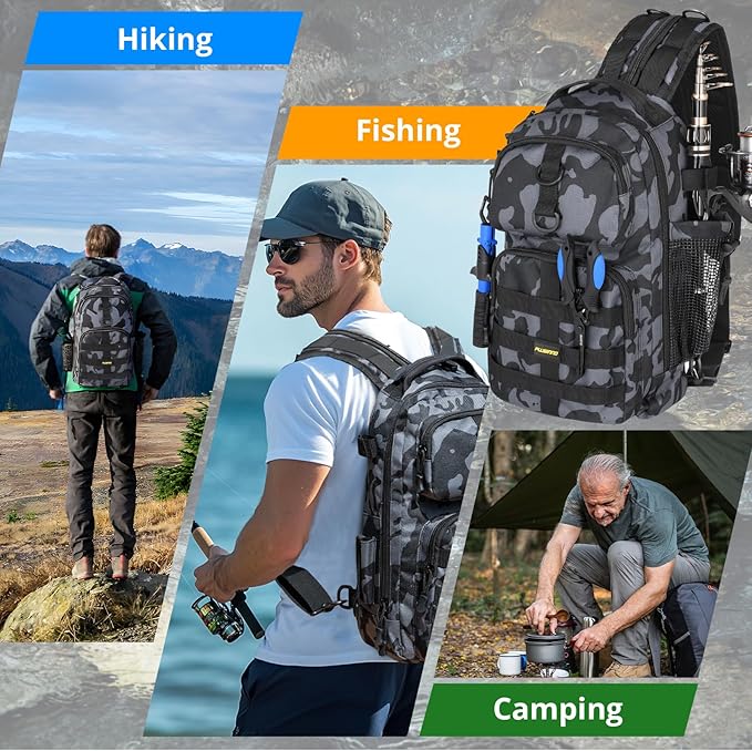 PLUSINNO Fishing Backpack with Tackle Boxes, Waterproof Fishing Sling Tackle Bag For Fishing Gear With Rod Holder, Fishing Gifts for Men With Fishing lures, Fishing pliers.