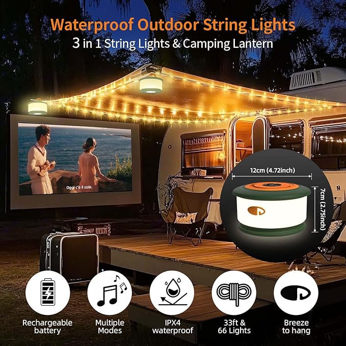 TOHETO Camping String Lights, 3 in 1 Upgraded Retractable RGB Outdoor Tent Lights with 19 Modes, Quick 30s Recovery, 32.8 FT Portable, Rechargeable Camping Lantern (Green & Orange)