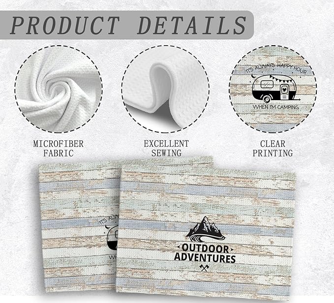 Camp Towel, Outdoor Adventures Kitchen Towels, Camping Decoration, Happy Camper RV Accessories, Gifts for Campers, Camping Gifts for Women Men, Set of 2, 16x24