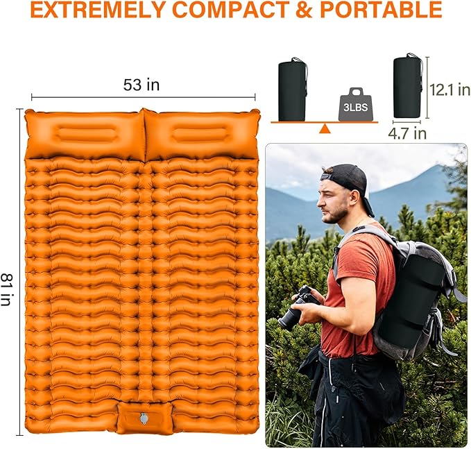 Yuzonc Double Sleeping Pad for Camping, 4" Extra Thick Self-Inflating Air Mattress - 2 Person Inflatable Camping Mat with Built-in Foot Pump & Pillow, Backpacking Hiking Tent Travel-Orange