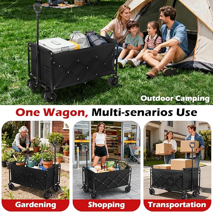 Collapsible Wagons Carts Foldable Wagon, 500LBS Wagon Cart Foldable Heavy Duty with Brakes & All-Terrain Wheels, Large Collapsible Folding Wagons for Beach Camp Sports Grocery, Portable (Black)