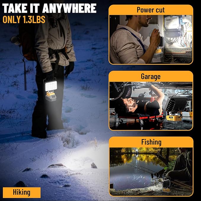 Ecarke LED Work Light Compatible with DeWALT Battery, Ecarke 20v Work Light with Low Voltage Protection, 130W 13000Lumen Portable Light, USB & Type-C Charging Port Cordless Light for Job Site Outdoor