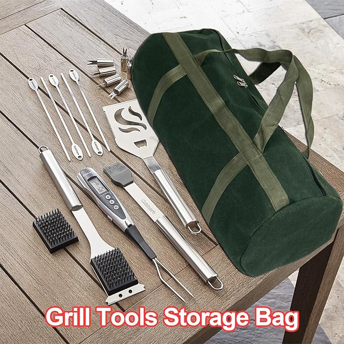 24" Grill Accessory Storage Bag, Tools Storage for Outdoor Grilling, Thick Canvas Double Zipper Utensil Carry Bag for Camping Hiking Barbecue, Dark Green