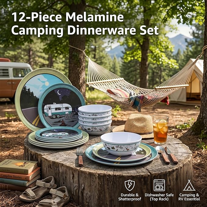 12-Piece Melamine Dinnerware Set, Lightweight Unbreakable Plates and Bowls Set, Outdoor Camping Dishes – Perfect for RV, Picnic, Backpacking, Patio,Getaways (Service for 4)
