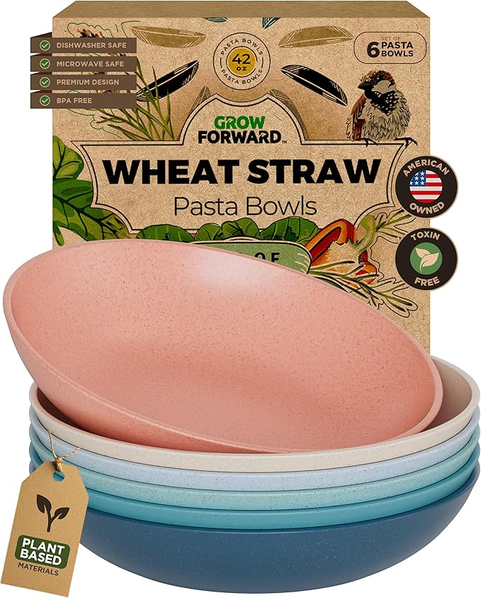 Grow Forward Premium Wheat Straw Pasta Bowls - 42oz Unbreakable Wide & Shallow Dinner Plate Bowls Set of 6 - Microwave Safe Reusable Plastic Pasta Bowls for Kids, Adults, Salad, Camping, RV - Tropical