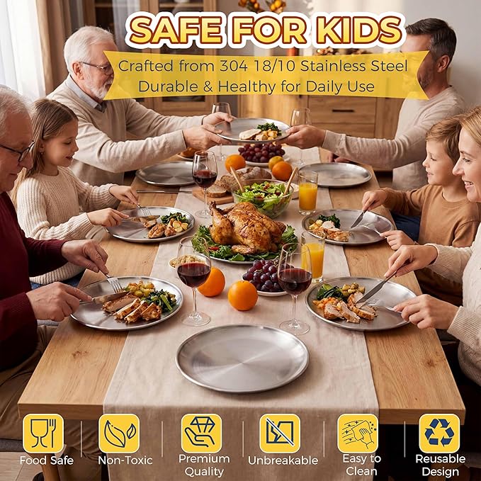 Homikit 6 Pack Stainless Steel Plates, Metal Kids Toddler Dinner Plate Set Non Toxic, 9 Inch Round Camping Plates for Serving Dishes Dessert Salad, Unbreakable & Reusable, Dishwasher Safe