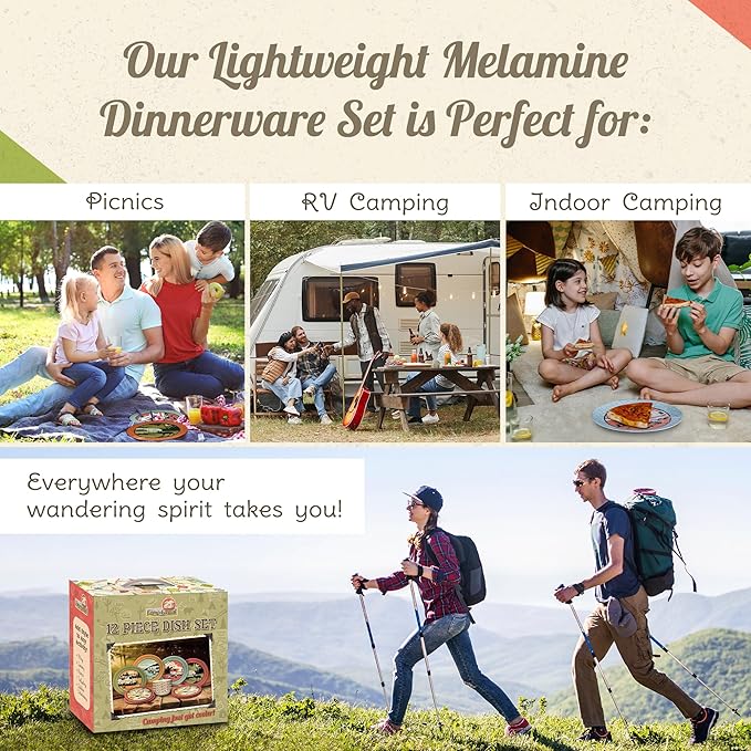 Melamine Plates & Bowls Set - 12-Piece Dish Set for Indoor & Outdoor Dining - BPA Free, Top Shelf Dishwasher Suitable Dinnerware Set - Sturdy Melamine Dinnerware Sets - Camping Dishes by Camp Casual