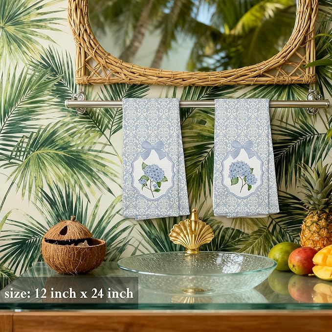 Blue and White Porcelain Chinoiserie Kitchen Towels 16x24 Set of 2, Blue Hydrangea Floral Dish Towels Tea Towels for Kitchen, Chinoiserie Decor Hand Towels for Bathroom, Grand Millenial Decor