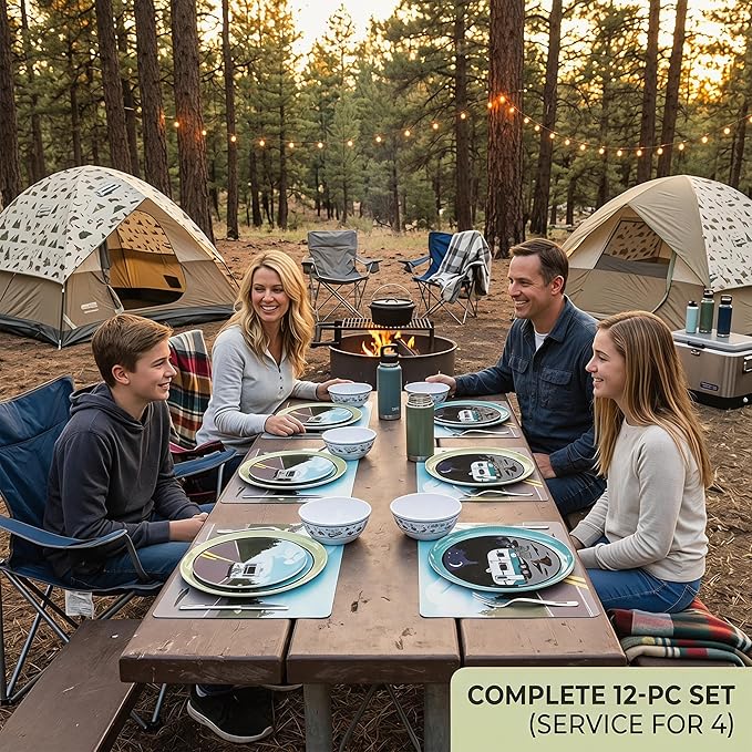12-Piece Melamine Dinnerware Set, Lightweight Unbreakable Plates and Bowls Set, Outdoor Camping Dishes – Perfect for RV, Picnic, Backpacking, Patio,Getaways (Service for 4)