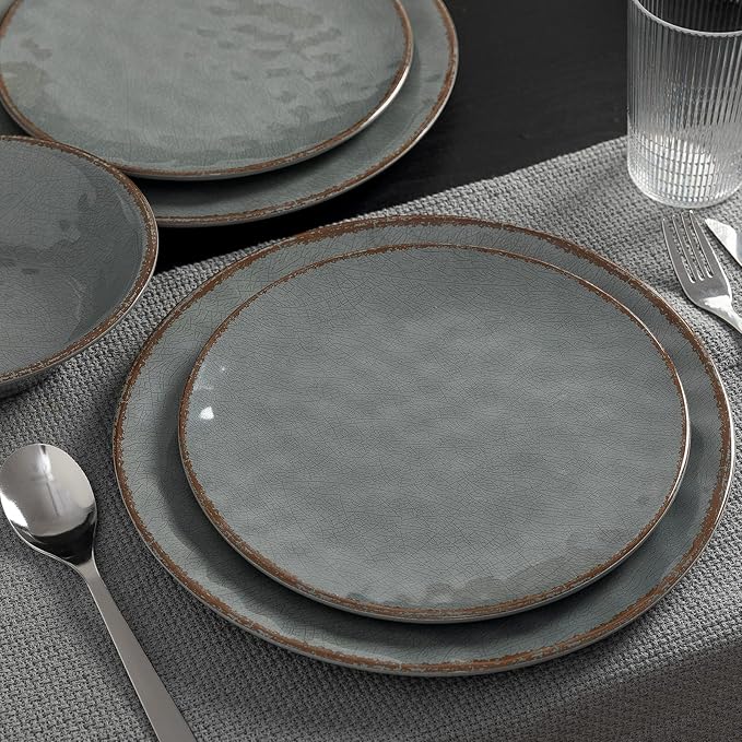 LEHAHA Rustic Farmhouse 12 Piece Melamine Camping Dinnerware Set, Plates and Bowls Sets, Indoor and Outdoor Use, Lightweight and Unbreakable Kitchen dishes Set for 4(Grey)