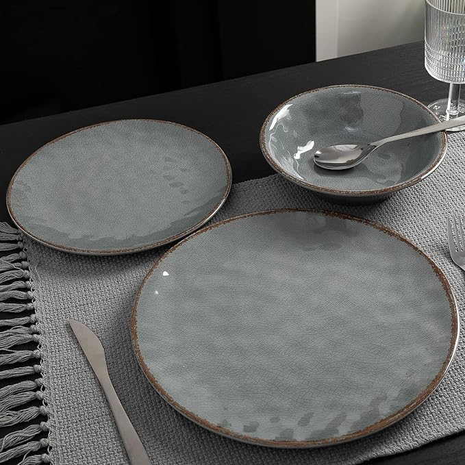 LEHAHA Rustic Farmhouse 12 Piece Melamine Camping Dinnerware Set, Plates and Bowls Sets, Indoor and Outdoor Use, Lightweight and Unbreakable Kitchen dishes Set for 4(Grey)