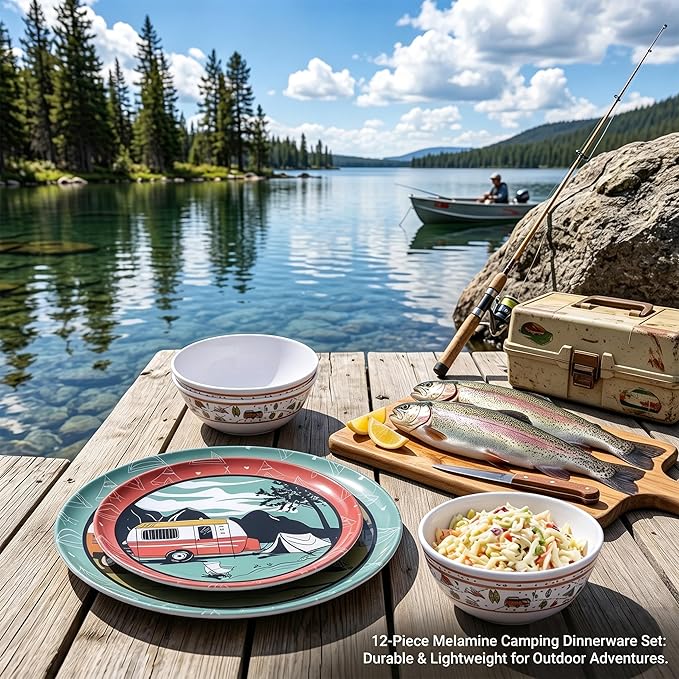12-Piece Melamine Dinnerware Set,Unbreakable Camping Plates and Bowls Set of 4, Lightweight Outdoor Dishes with Camper Van & Tent Design for RV, Picnic, Backpacking, and Patio,Dishwasher Safe