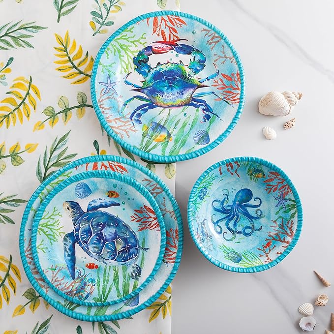 Coastal Dinnerware Sets, Ocean Theme Unbreakable Kitchen Plates and Bowls Set, Coastal Dishes Lightweight Dinnerware Set, RV and Camping dishes set for 4, Dishwasher Safe