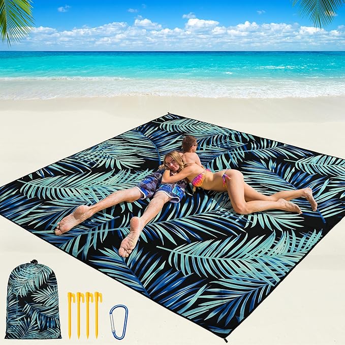 WIWIGO Beach Blanket Waterproof Sandproof Beach Mat 79" X 83"/10'x9'for 2-8 Adults Quick Drying Outdoor Picnic Mat Beach Accessories for Travel, Camping, Hiking
