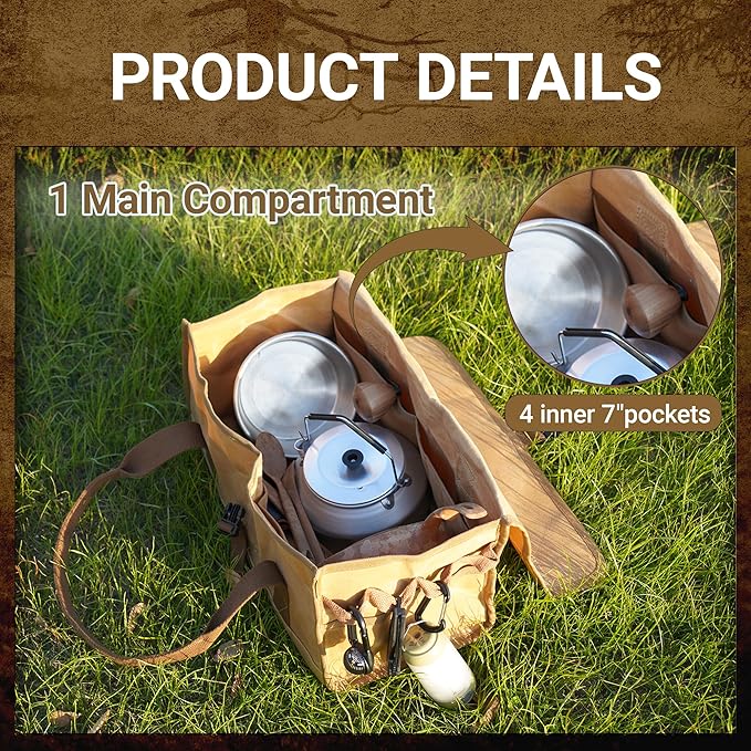Waxed Canvas Camping Tool Bag, Camping Essentials Multi-purpose 12L Outdoor Storage Bag with Secure Flip Cover, Tent Stakes Hammer Multi-Container Organizer, Khaki