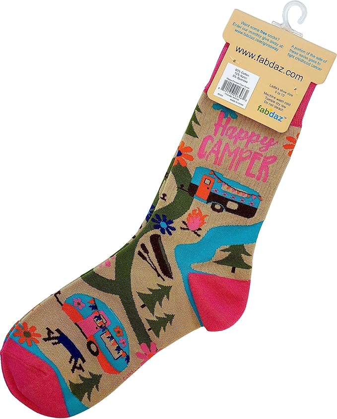 Fabdaz Happy Camper Camping Themed Women's Novelty Crew Socks - 1 Pair - 1 Size Fits Most